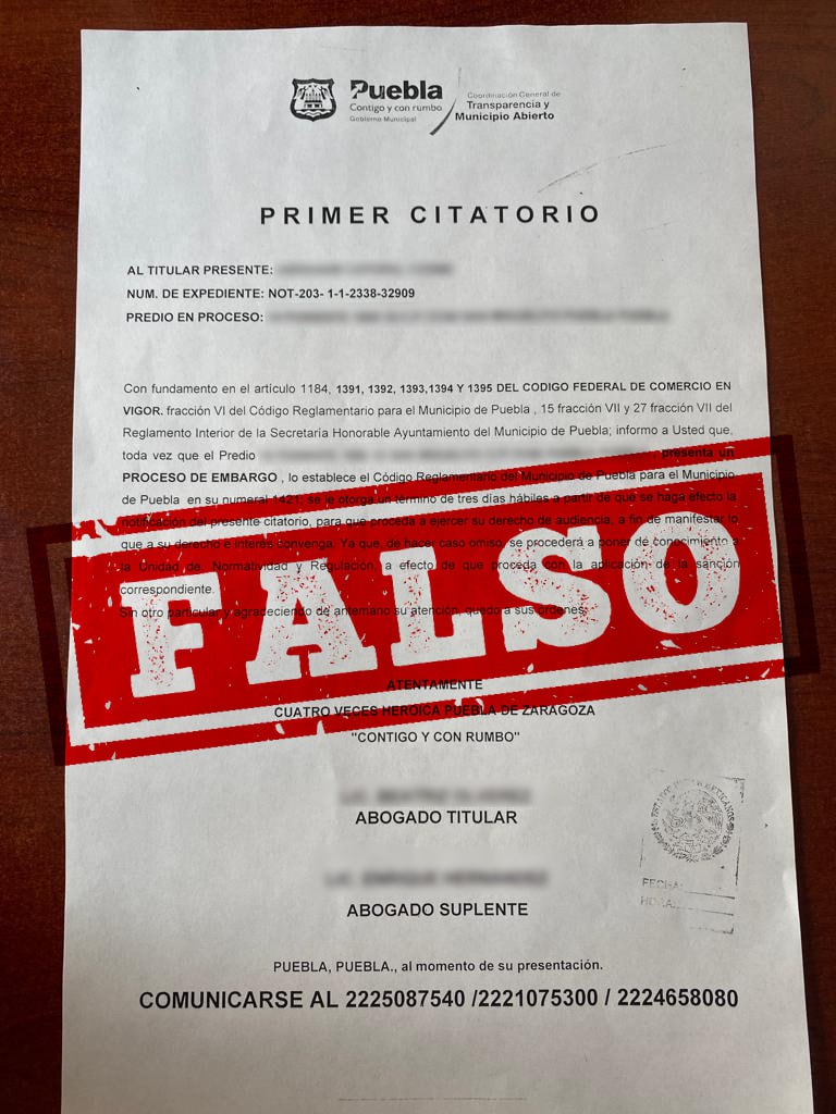 InteractivoPue_'s tweet photo. #OJOAQUÍ 👀 || No te dejes engañar, son falsos los #citatorios de #embargo que han recibido habitantes de la capital; este día, #alcalde @eduardorivera01 anunció que la #Sindicatura presentará la #denuncia correspondiente ante la @FiscaliaPuebla 👇🚨. https://t.co/O2ViXtadzJ