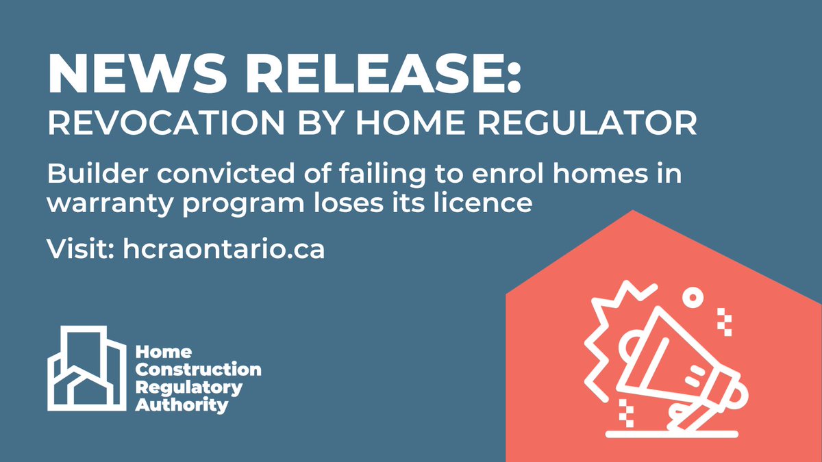 hcraontario's tweet photo. The Home Construction Regulatory Authority (HCRA) has revoked the licence of Albion Building Consultant Inc. – the most severe action the HCRA can take against a licensed builder.

Read the news release here: https://t.co/IfjhfJmAzE https://t.co/VZbaYHq3te