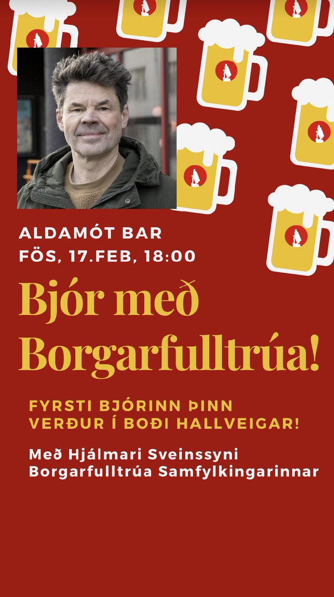 HallveigUJR's tweet photo. Á föstudaginn 17. febrúar verður Bjór með borgarfulltrúa haldinn af Hallveigu í fyrsta skipti í ár. Við hittumst á Aldamótum kl 18 og tökum spjallið við Hjálmar Sveinsson, sem er m.a. fulltrúi Samfylkingar í umhverfis- og skipulagsráði borgarinnar. Öll velkomin - bjór í boði 🌹🍻 https://t.co/8Ffig3sdaI