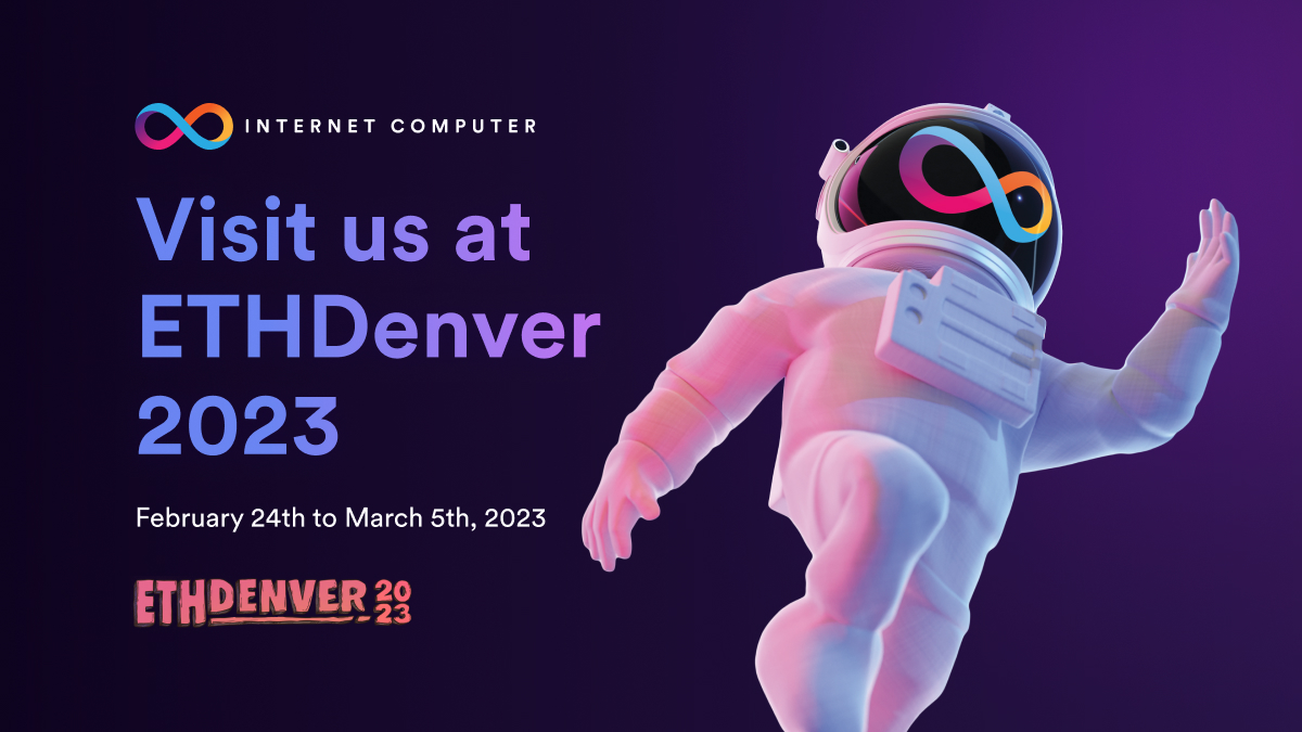dfinity's tweet image. Exciting news! We&apos;ll be at #ETHDenver 2023 from Feb 24-Mar 5 featuring

• #BUIDLWeek Co-Working &amp;amp; Workshop by @kylpeacock
• Keynote by @JanCamenisch
• Meet the team @ #ICP Booth
• Bounties &amp;amp; more! 

Grab your @EthereumDenver tickets : ethdenver.com/apply. 

See you there!
