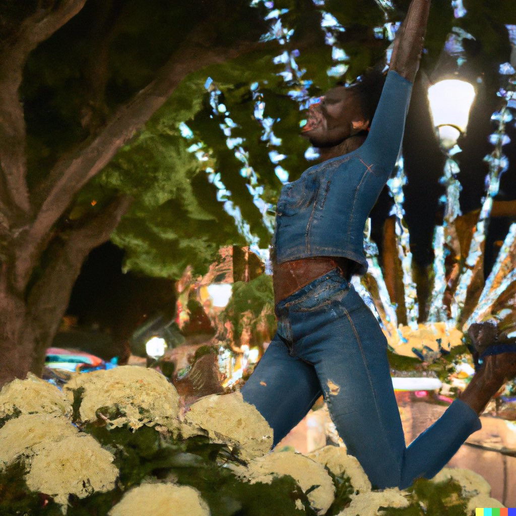 Yo #dalle2  racist as hell I said black woman experiencing joy in a cityscape with lights and flowers and this what it gave me