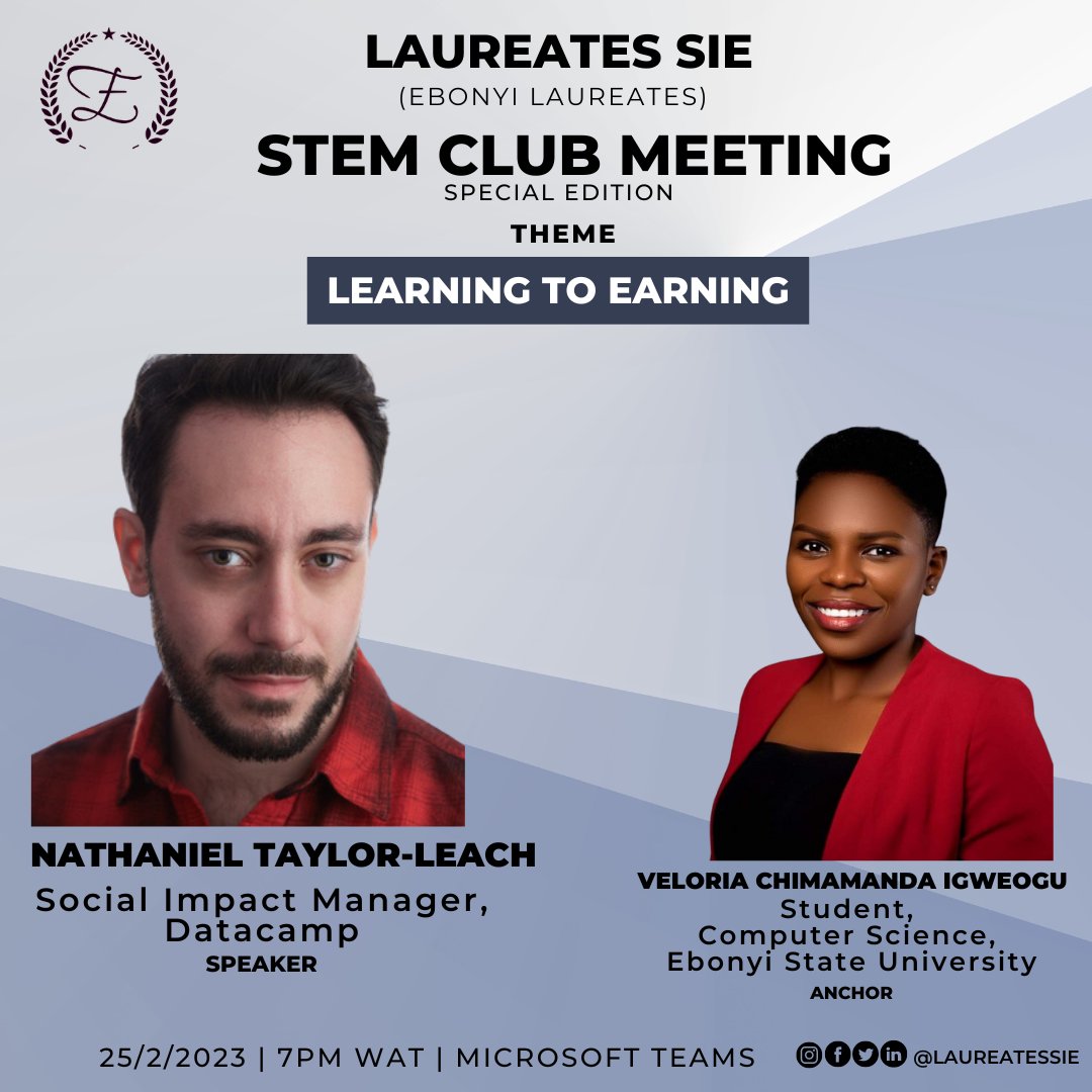 EbonyiLaureates's tweet photo. Laureates SIE's next STEM club meeting comes up on Saturday, February 25, 2023, 7PM WAT.
It will be our first meeting of the year.
#EbonyiLaureates
#DCDonates
#STEMEbonyi https://t.co/5N17jhLlbQ