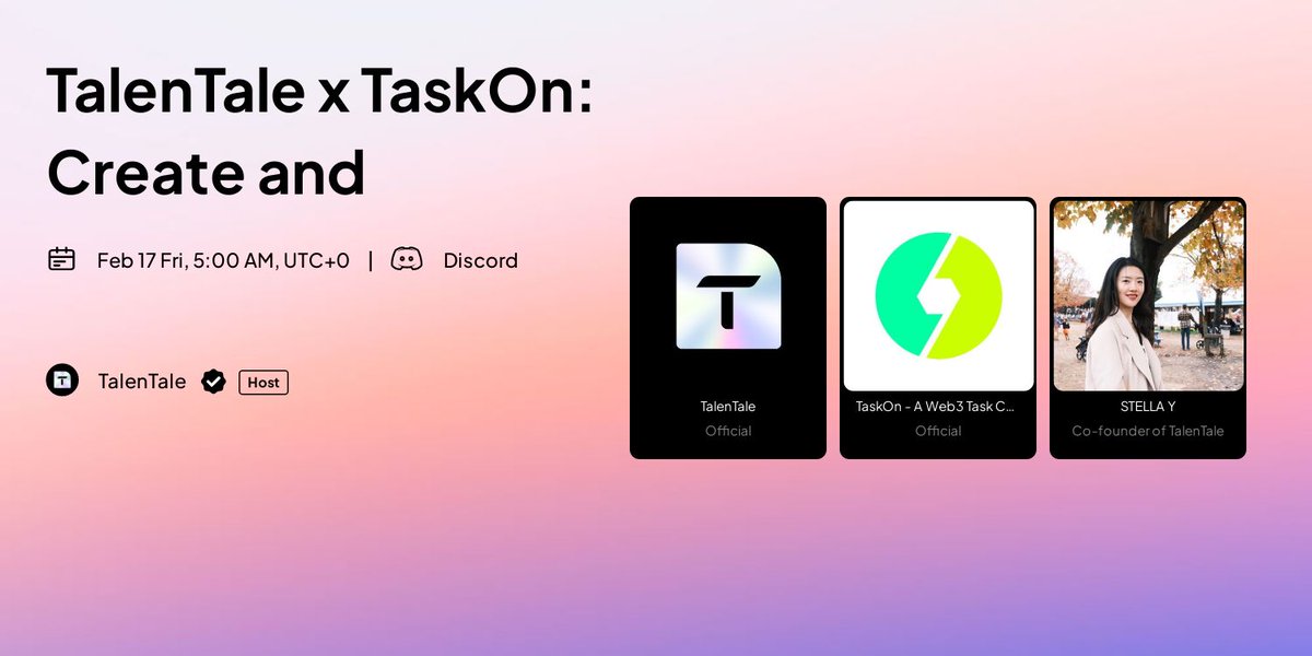 TalenTale_Dapp's tweet photo. We are thrilled to announce TalenTale’s collaboration with @taskonxyz , a Web3 Task Collaboration Platform!
To celebrate, we are giving away 100 T-coins and each eligible qualifier will get 10 EXP from TaskOn:
Check this link out: https://t.co/y4zJM8CPJw
#Talentale #TaskOn https://t.co/pov0KUfEdX