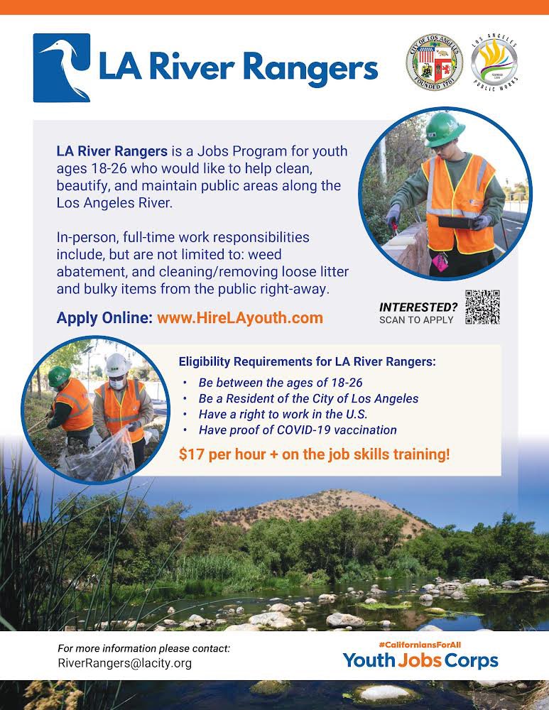 LACityYouth's tweet photo. Calling all nature lovers! Are you passionate about creating green and clean public spaces? LA River Rangers is now hiring young Angelenos from ages 18 - 26 to protect and beautify the historic Los Angeles River. For more info visit: https://t.co/NrEYbl4zGq https://t.co/aD9V4DTODB