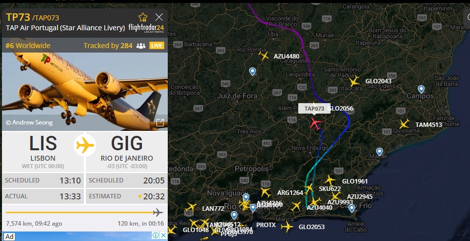 portaoum's tweet photo. Devido às chuvas fortes que atingem o Rio de Janeiro esta noite, o voo #TP73 da @tapairportugal, procedente de Lisboa (LIS), está sendo desviado para Belo Horizonte (CNF).
📸: @flightradar24 https://t.co/9SGmCDm0zu