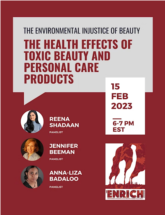 PreventCancerNw's tweet photo. Excited to hear Dr. Jennifer Beeman (@ACSQ_BCAQ), Dr. Reena Shadaan (@ReenaShadaan) and Anna-Liza Badaloo discuss the health effects of toxic beauty and personal care products. #EnvironmentalHealth #EnvironmentalJustice #ENRICHProject https://t.co/LA51UXXCNN