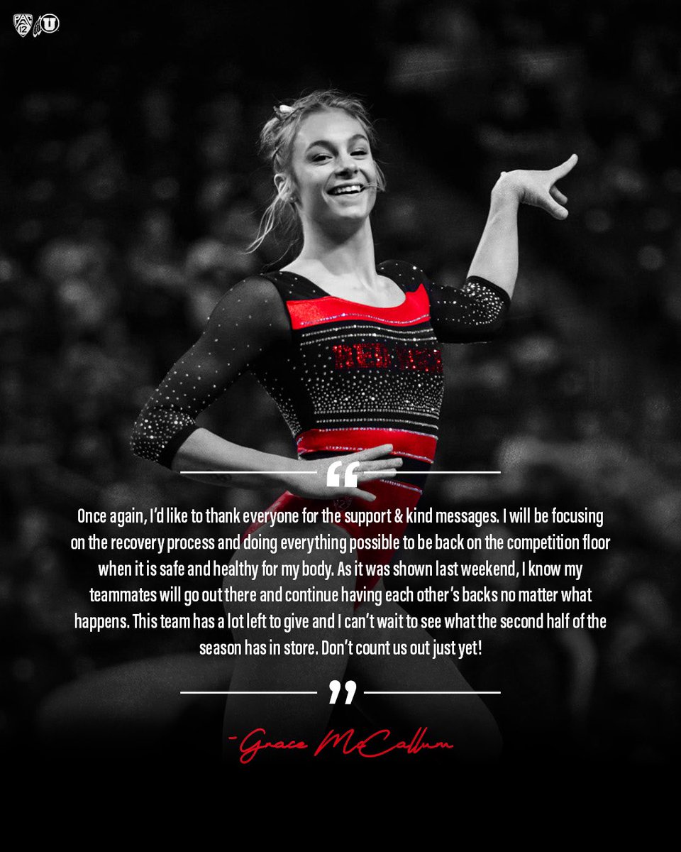 Utah Gymnastics (@utahgymnastics) on Twitter photo Update on Grace’s injury ⤵️
“Grace suffered a hyper extension of the right knee on Saturday. Conservative measures are in place and we are all working hard for a safe and healthy return to play.” - Utah Medical Staff
#trUSt | <a href="/grace_mccallum2/">Grace McCallum</a> Update on Grace’s injury ⤵️
“Grace suffered a hyper extension of the right knee on Saturday. Conservative measures are in place and we are all working hard for a safe and healthy return to play.” - Utah Medical Staff
#trUSt | <a href="/grace_mccallum2/">Grace McCallum</a>