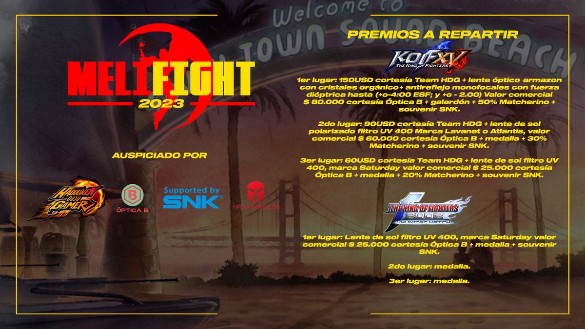 Koferos! Tenemos nuevos auspiciadores para este gran torneo!
Se nos une <a href="/HDGTeam_/">HadoukenDojoGamer</a> y <a href="/SNKPofficial/">SNK GLOBAL</a> , además de contar con #ÓpticaB y <a href="/matcherino/">Matcherino</a> .

Agregamos el detalle de los premios a repartir🔥.

Inscríbanse, no se lo pierdan!

Bracket actualizado a hoy: challonge.com/MELIFIGHT2023