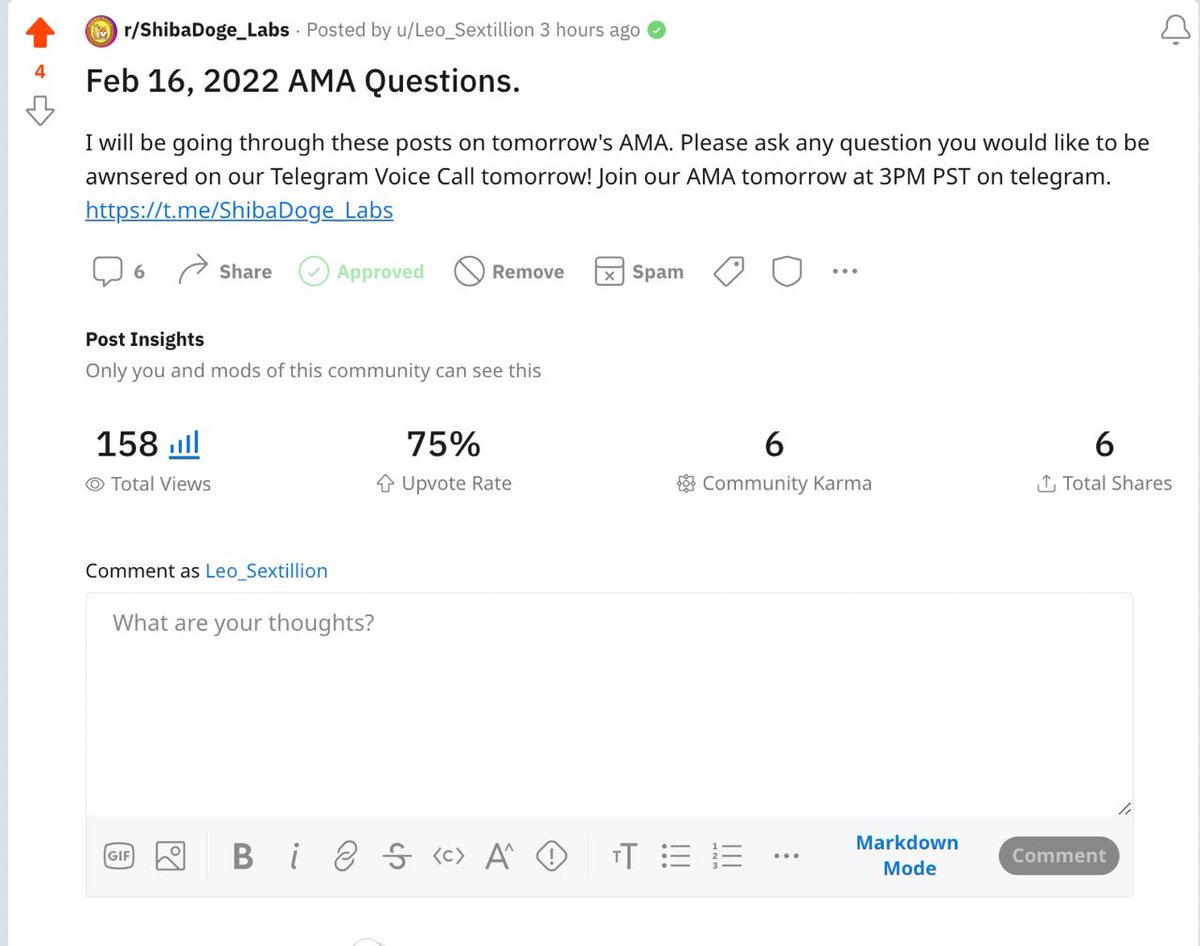 Almost 200 views on this reddit post and only 4-5 people have asked a question! If anyone wants anything answered in tomorrow's ama please go on our reddit and submit your questions!

reddit.com/r/ShibaDoge_La…