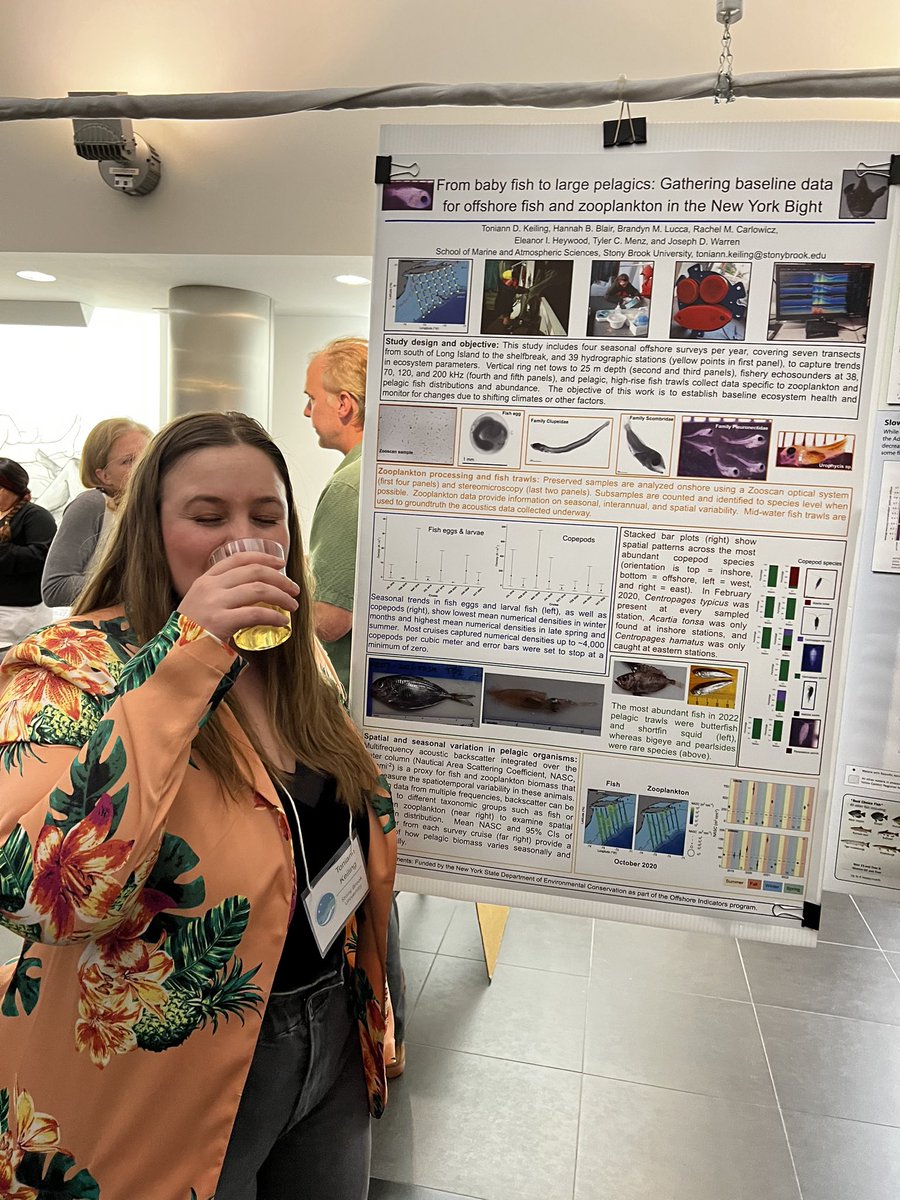 toniannkeiling7's tweet photo. Presented a poster on the #zooplankton, active acoustics, and 🐟 trawls for the NY Offshore Project at #NYAFS meeting. It was great to see all of the marine projects highlighted at @stonybrooku this year. Also enjoyed some 🍷 during poster session #WomenInSTEM https://t.co/FowuSmZApm