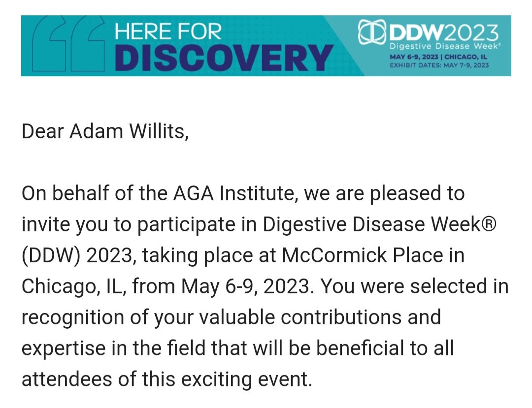 adam_willits1's tweet image. I&apos;m incredibly excited about the opportunity to present at my first DDW! Thank you so much to my mentor @DrErinY for all of your vital help and to @AmerGastroAssn and @DDWMeeting for the honor! See you all in May! #DDW2023