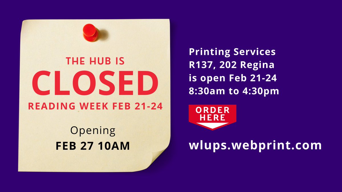 theHUB_WLU's tweet photo. Have a happy reading week next week! Take some well-deserved me-time, and get some rest. The Hub locations will be closed. There are self-serve devices on campus. Visit https://t.co/6E0THuKdX1. R137, 202 Regina is open Feb 24-27 8:30am-4:30pm. Order here: https://t.co/DHrNerLClt. https://t.co/riqYmZH5jF
