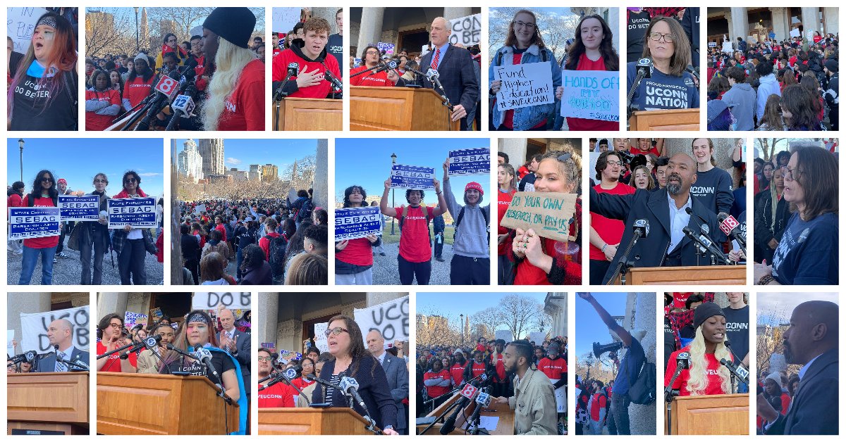 CTForAll's tweet photo. Check out the amazing rally turnout Wednesday denouncing @GovNedLamont's proposed budget cuts to @UConn &amp; @UConnHealth. 1,000+ showing strength and solidarity! #FundOurFutureCT #SaveUConn #HigherEdNotDebt https://t.co/6zeQI7Lkrn