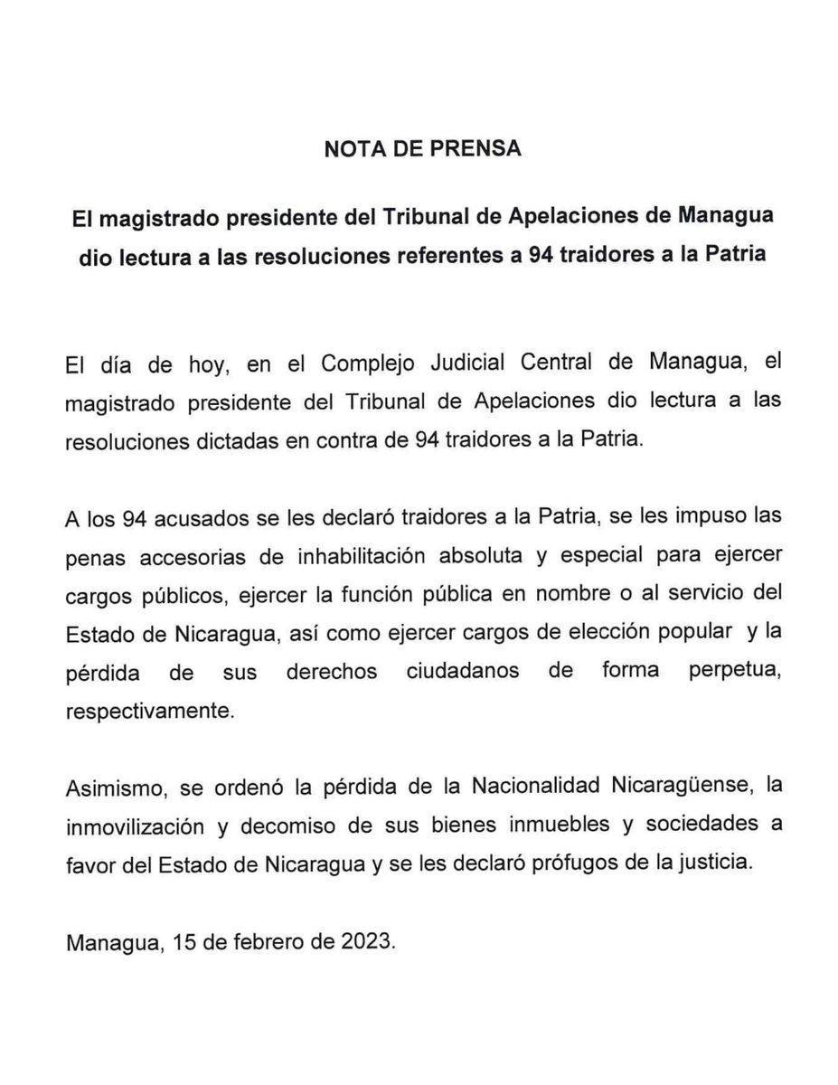 NicaSoberana's tweet photo. Desde el Complejo Judicial en #Managua:
IMPORTANTE  NOTA DE PRENSA 

- LECTURA DE RESOLUCIÓN DE 94 TRAIDORES A LA PATRIA  

- LISTA DE 94 ACUSADOS POR TRAIDORES A LA PATRIA 

- DECLARACIÓN SOBRE ACUSACIÓN Y SANCIONES A 94 TRAIDORES.
#VictoriaDelPueblo
#NoPudieronNiPodran https://t.co/tckj8vUZPA