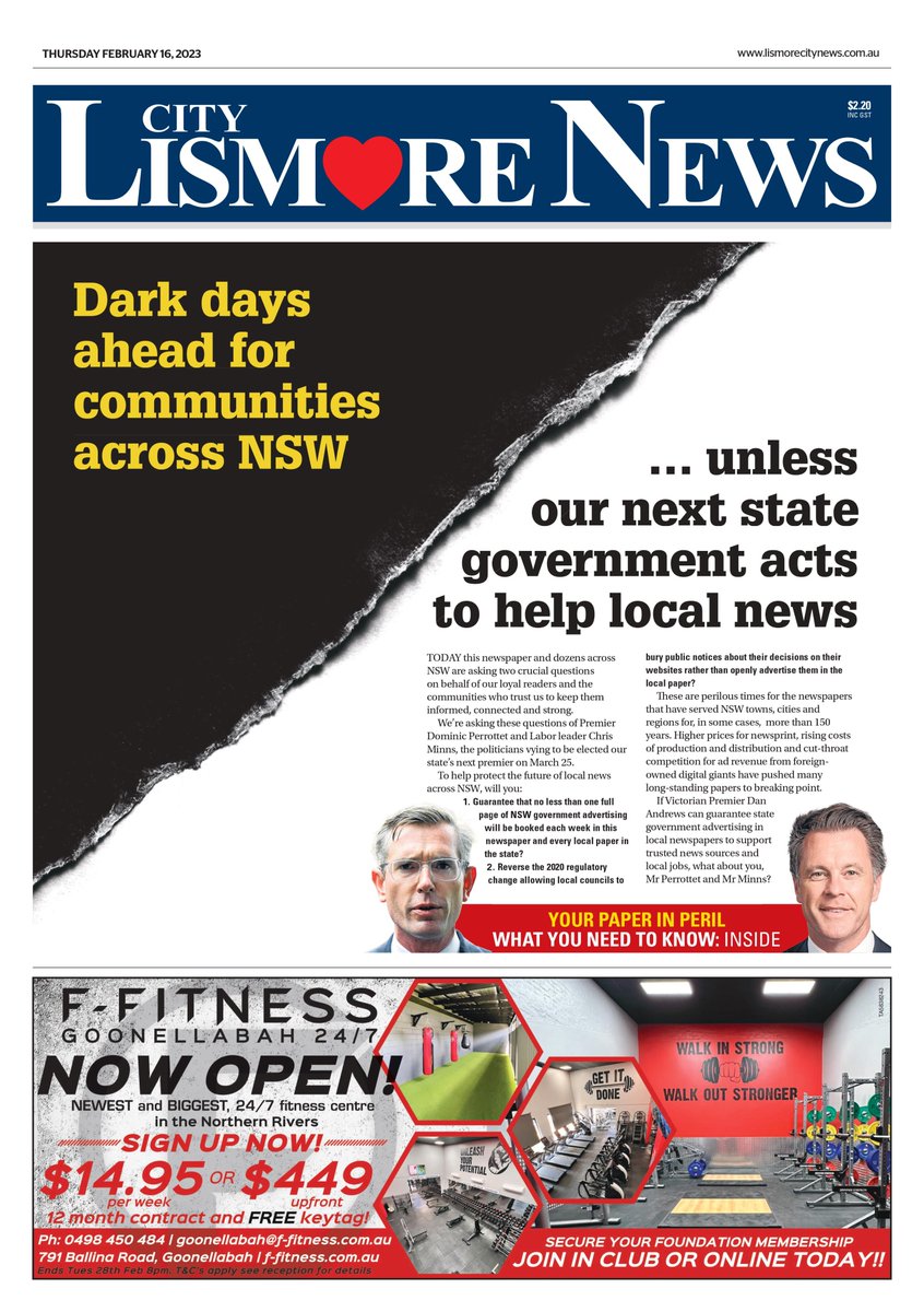 In this Thursday's edition of Lismore City News
# ACM launches campaign to get more govt advertising into newspapers
# New GM of Lismore says he is in it for the long haul
# A survey revealed that up to half of flood victims were still displaced