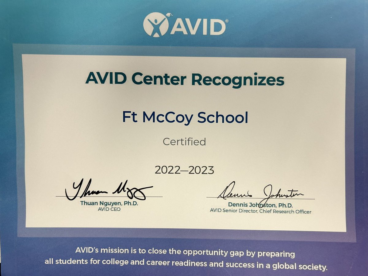 fort_mccoy's tweet photo. We are proud to be a Certified AVID school! @AVID4College @chadefrazier @TiffanyMarcel22 @sing4glory https://t.co/xidgwatkBm