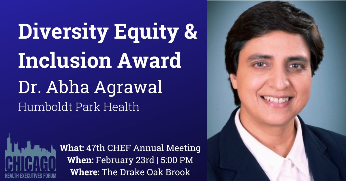 ChicagoACHE's tweet photo. Please join us in congratulating Dr. Abha Agrawal for receiving the 2022 CHEF #Diversity #Equity and #Inclusion Award. Help them celebrate on February 23rd at the 47th CHEF Annual Meeting. Register today! #ChicagoACHE https://t.co/qvH7HUkVTF https://t.co/pEy2Wnkgld