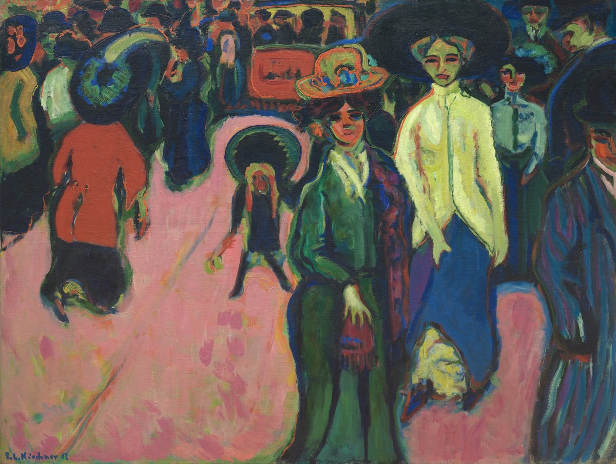 'It seems as though the goal of my work has always been to dissolve myself completely into the sensations of the surroundings in order to then integrate this into a coherent painterly form.' - #ErnstLudwigKirchner

'Street, Dresden' (1908) bit.ly/3KsOXNV