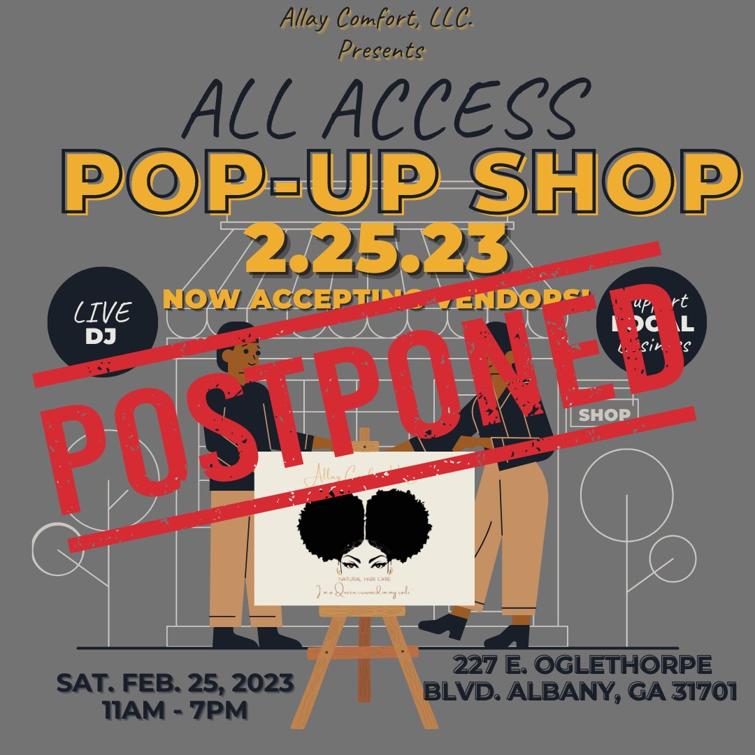 AllayComfort's tweet photo. Due to unforeseen circumstances, the pop-up shop has been postponed. Please be on the lookout for the new and upcoming dates for the next one! Don’t forget to shop with Allay Comfort for all your natural hair care needs. 🤎✨ https://t.co/T9NqCrF0Qq