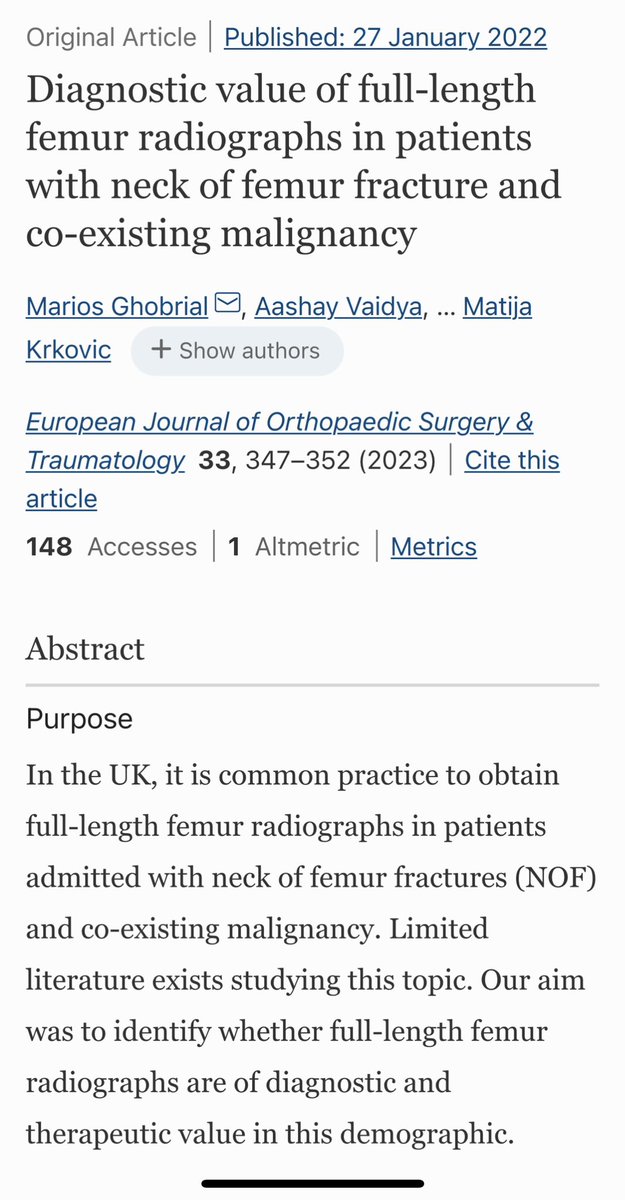 LRSsurgeon's tweet photo. The vexed “have you got a full length radiograph of the femur?” in patients with a prox femur fracture and known malignancy - is it necessary, and does it change a surgical plan? Good paper by @mkrkovic suggesting it does not. https://t.co/xqC9bQ15IX