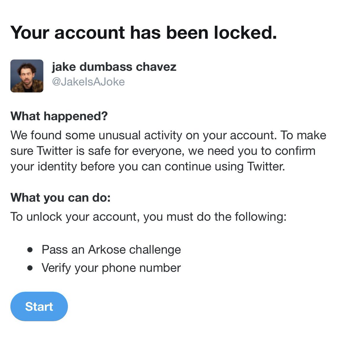 JakeIsAJoke's tweet photo. Watch out folks, sharing tweets directly to your friend’s DMs is unusual activity. Do not do anything unusual like using Twitter as intended or you may get locked out. https://t.co/fCBAqnZl7t