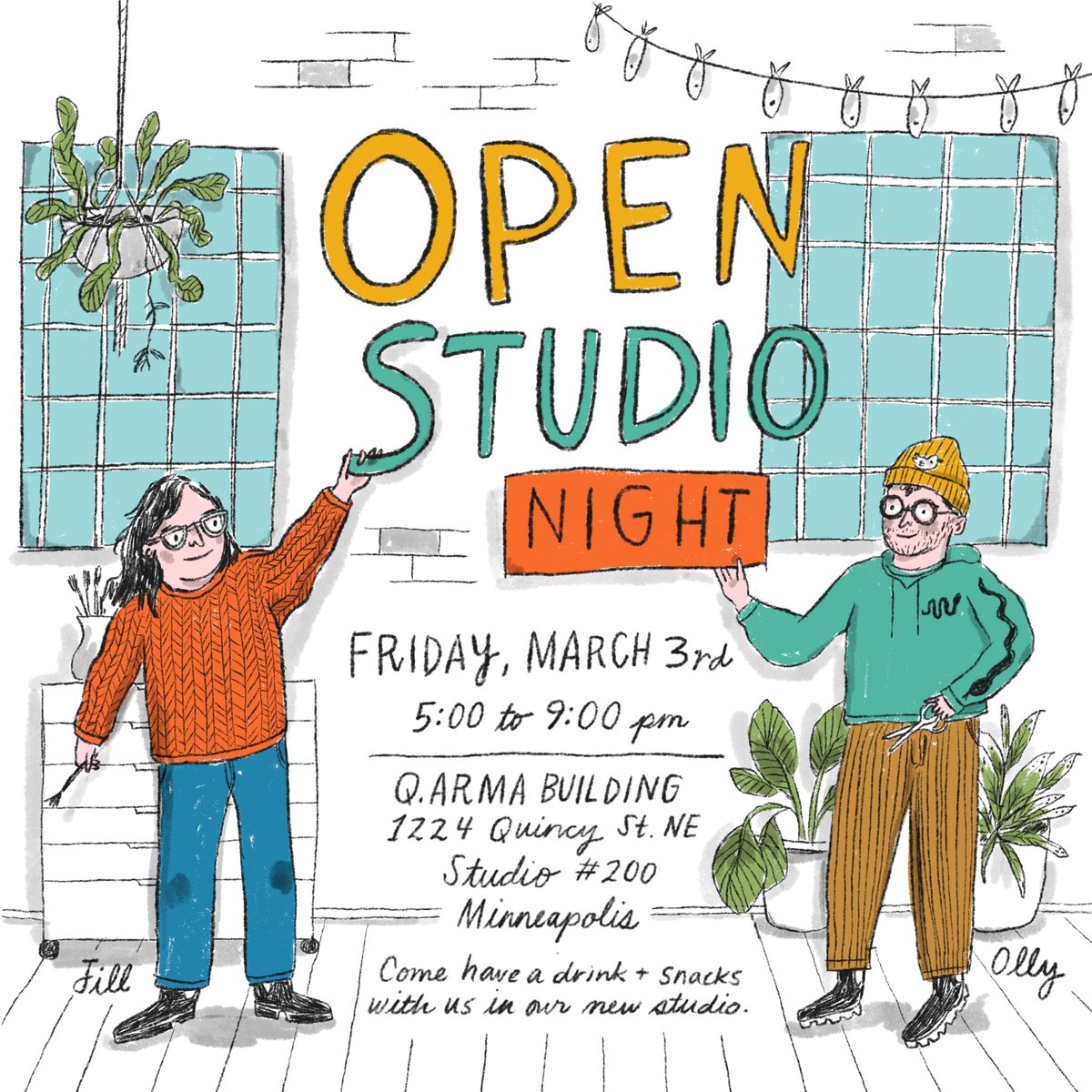Hey locals! Come view us and our new studio IRL (in real life)
(artwork by our studio mate Jill Kittock!)
