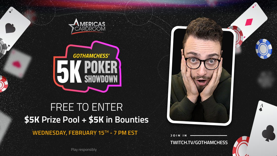 GothamChess on X: Come play in my poker tournament tonight at 7 PM ET on  Twitch! $10k total in prizes. Download America's Card Room  ( and swing by the stream to enter