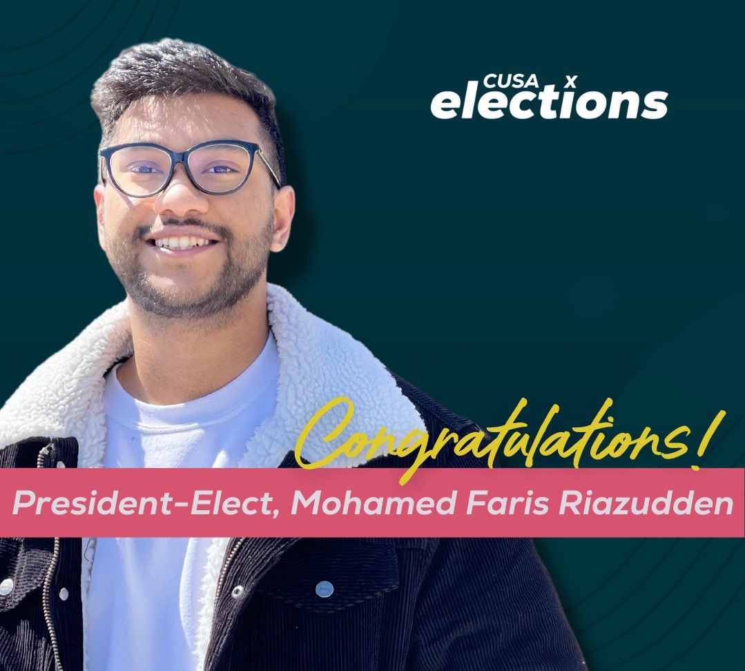 Carleton University Students' Association (CUSA) (@cusaonline) on Twitter photo Congratulations to CUSA President-Elect, Mohamed Faris Riazudden, who will take office full-time on May 1 🎉  In the interim, Faris will continue working as CUSA’s current VP Student Issues. 
We look forward to seeing what you do next academic year! #ottawa #studentpolitics Congratulations to CUSA President-Elect, Mohamed Faris Riazudden, who will take office full-time on May 1 🎉  In the interim, Faris will continue working as CUSA’s current VP Student Issues. 
We look forward to seeing what you do next academic year! #ottawa #studentpolitics
