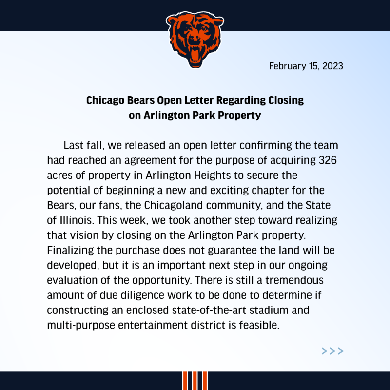 ChicagoBears's tweet photo. Our open letter regarding the closing on Arlington Park property: