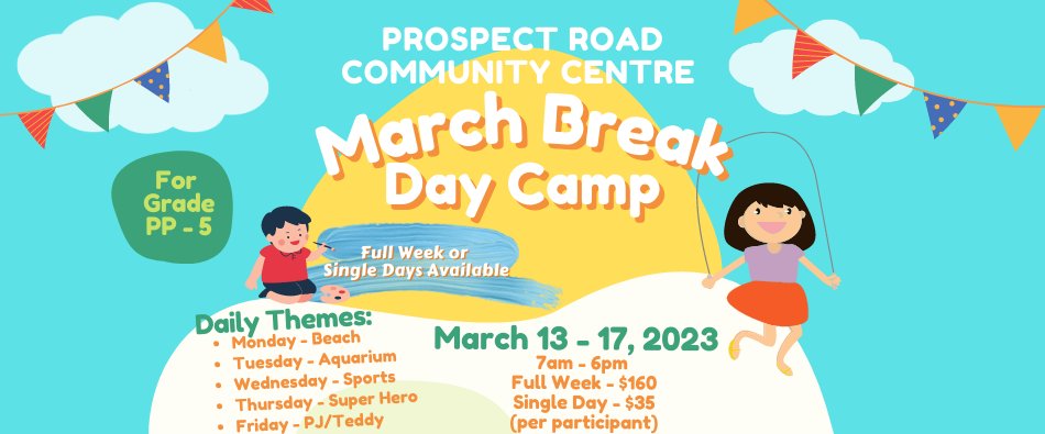prospectandarea's tweet photo. Join us for lots of fun this March Break at the #PRCC! 
Camps are open to participants who are currently registered in grade PP - 5, have daily themes and options for full-week or single-day registration! 
 
https://t.co/0kubBtHQHc https://t.co/G8UUY1t4QZ