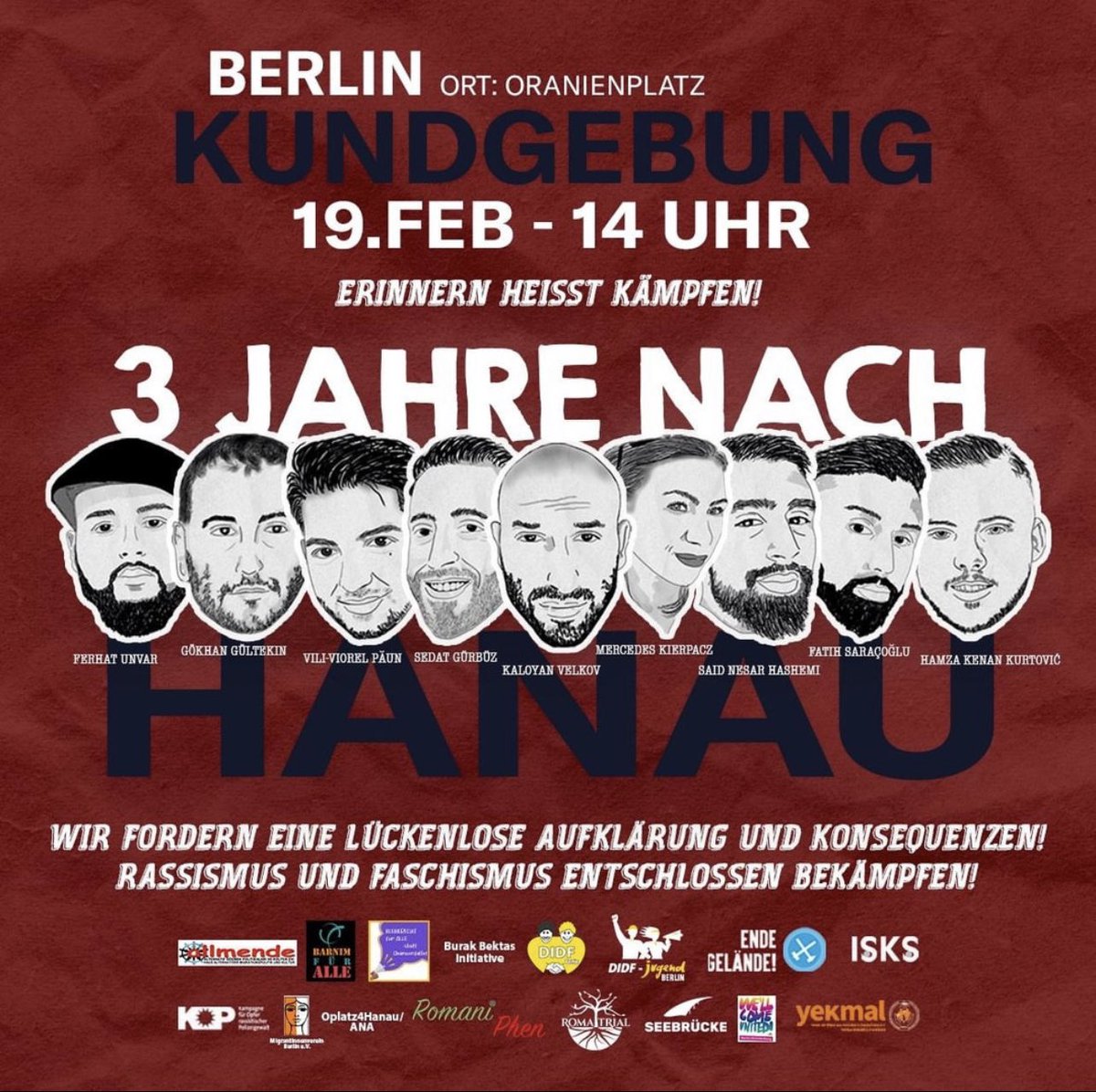 #hanauistueberall ✊

Am 19. Februar 2023 jährt sich zum dritten Mal der rechtsterroristische Anschlag in Hanau. 

Noch immer wurde weder nach dem Ruf nach Aufklärung und Konsequenzen nachgegangen, noch aktiv etwas unternommen, dass sich diese Tat nicht wiederholt. 1/4