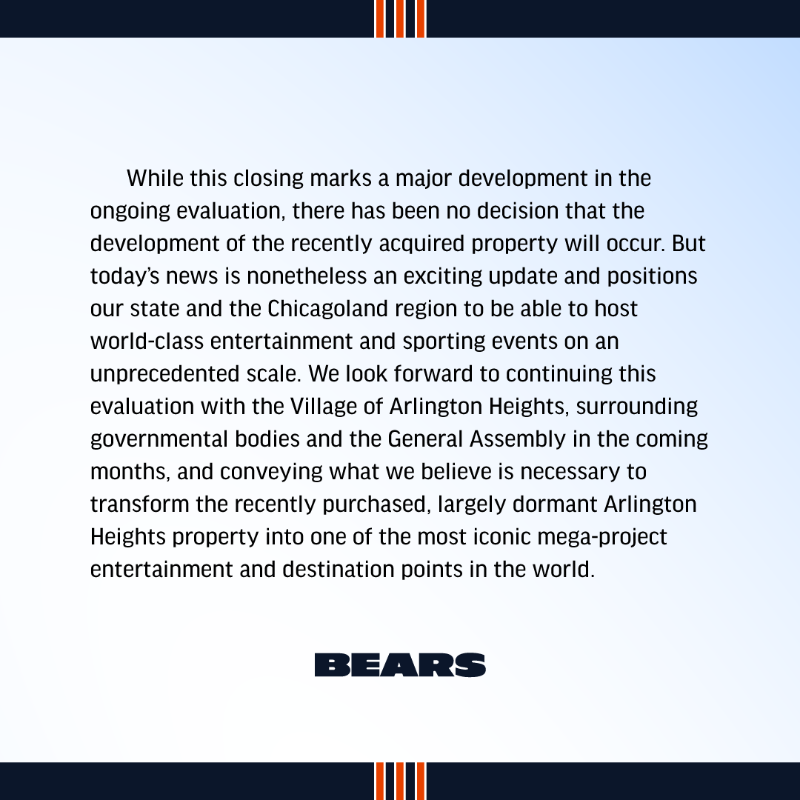 ChicagoBears's tweet photo. Our open letter regarding the closing on Arlington Park property: