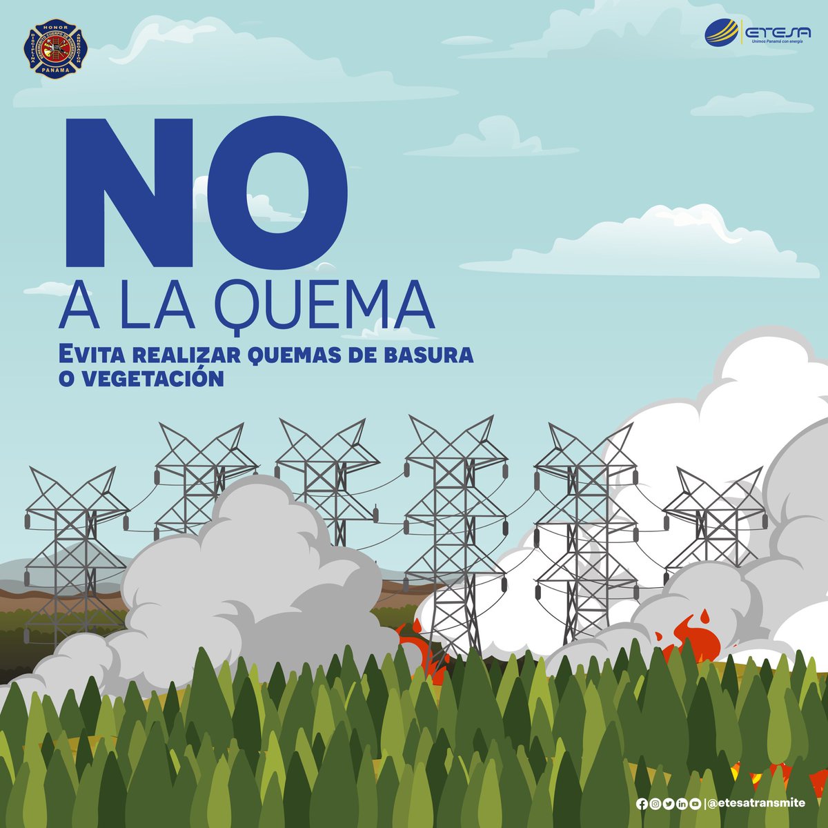 ETESA en cooperación con el Benemérito Cuerpo de Bomberos de la República de Panamá <a href="/BCBRP/">Bomberos De Panamá</a> han lanzado la campaña “𝗡𝗼 𝗮 𝗹𝗮 𝗾𝘂𝗲𝗺𝗮”, con el propósito de prevenir la quema de herbazales, que se produce en la estación seca panameña.