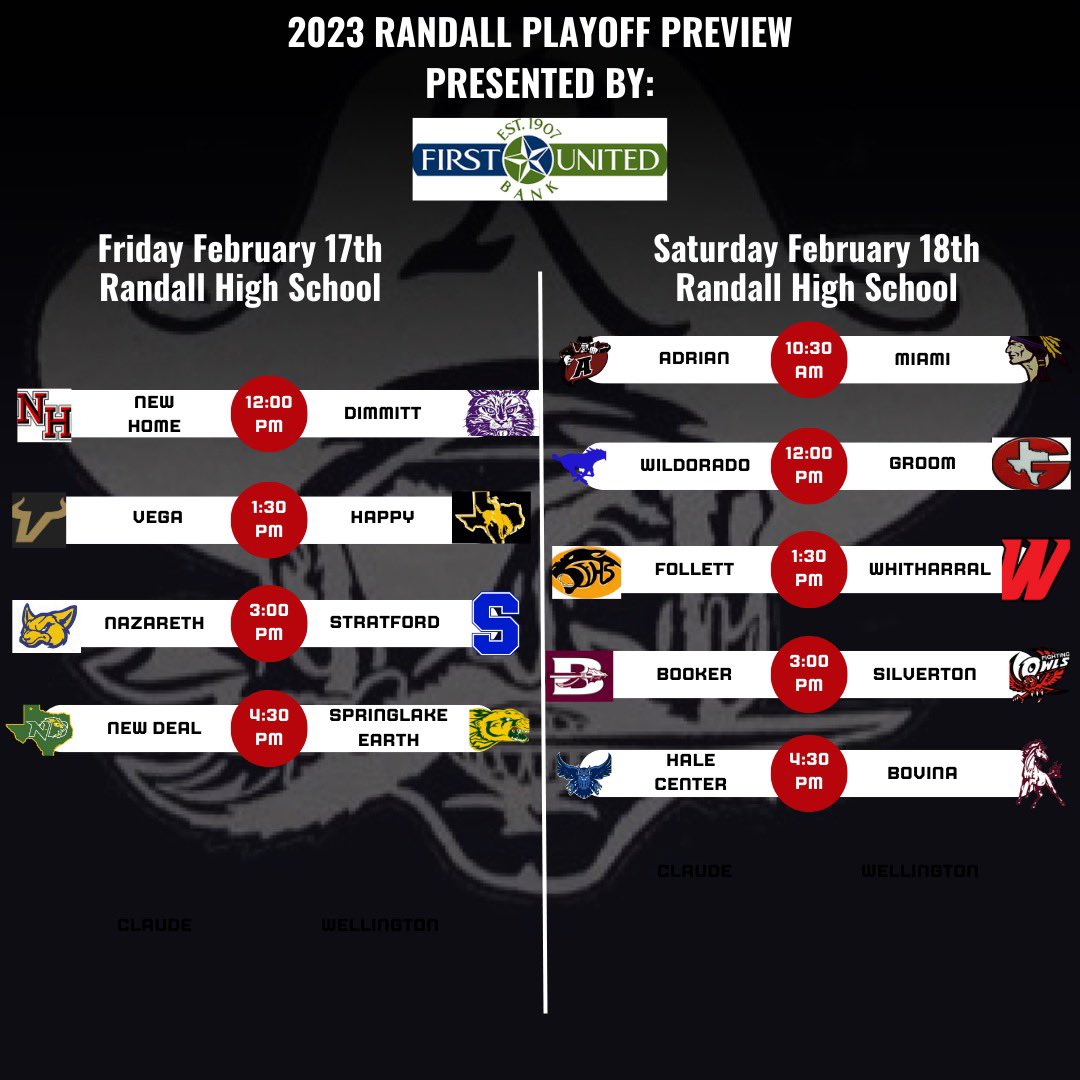 We are excited to host the 2023 Randall Playoff Preview presented by <a href="/FUBTexas/">First United Bank</a> <a href="/Sutton1Stuart/">Stuart Sutton</a> 
Come out for some great basketball Friday and Saturday!
<a href="/hoopinsider/">Hoopinsider</a> <a href="/KaleSteed/">Kale Steed</a> <a href="/lancelahnert/">Lance Lahnert</a> <a href="/CanyonAthDept/">CanyonISDAthletics</a> <a href="/hpisani91/">Hart Pisani</a> <a href="/TexasHoopsGASO/">TexasHoops/GASO 🔗</a> <a href="/806hsscmedia/">Jasone Pearson</a> <a href="/PressPassSports/">Press Pass Sports</a>