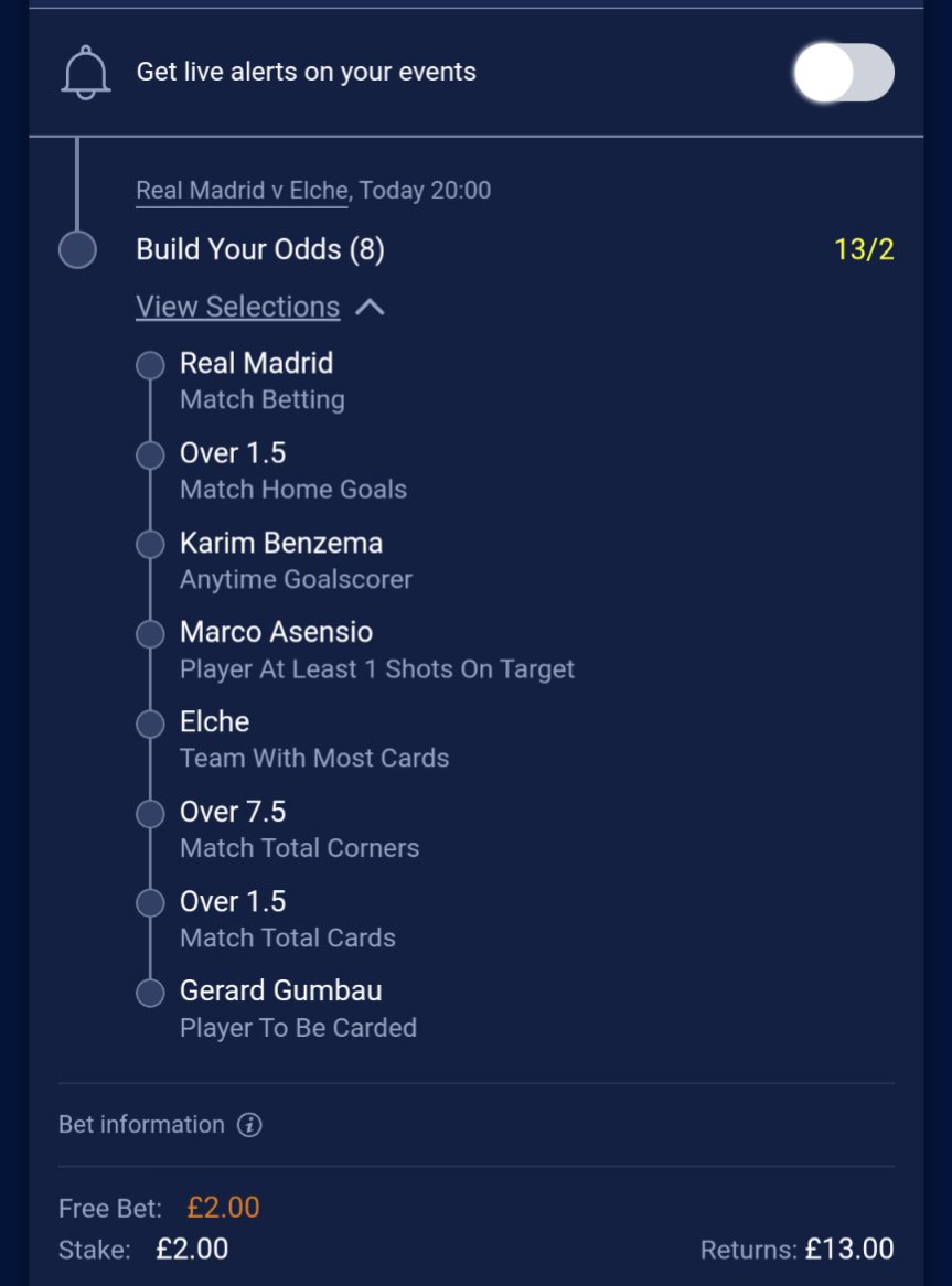 AllVibesBetting's tweet image. Definitely an #AllVibes long shot but here's our bet builder freebie from Will Hill! 
#RealMadridElche
