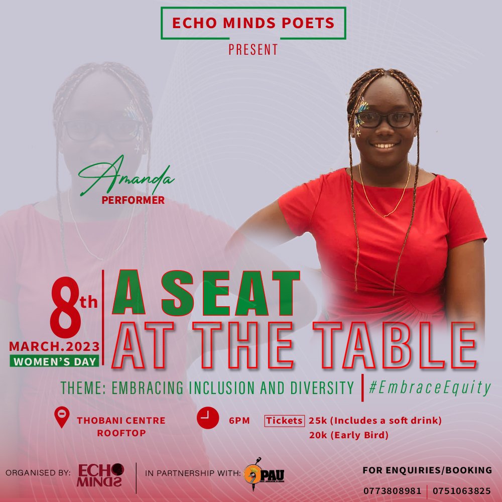 pinkie_tsigan's tweet image. Okay, you asked
We have given
A ticket goes for as low as 20k
On the 8th of March mujje ku poetry show yaffee 
Let&apos;s sit and reason together!
#AseatAtTheTable
#EmbraceEquity