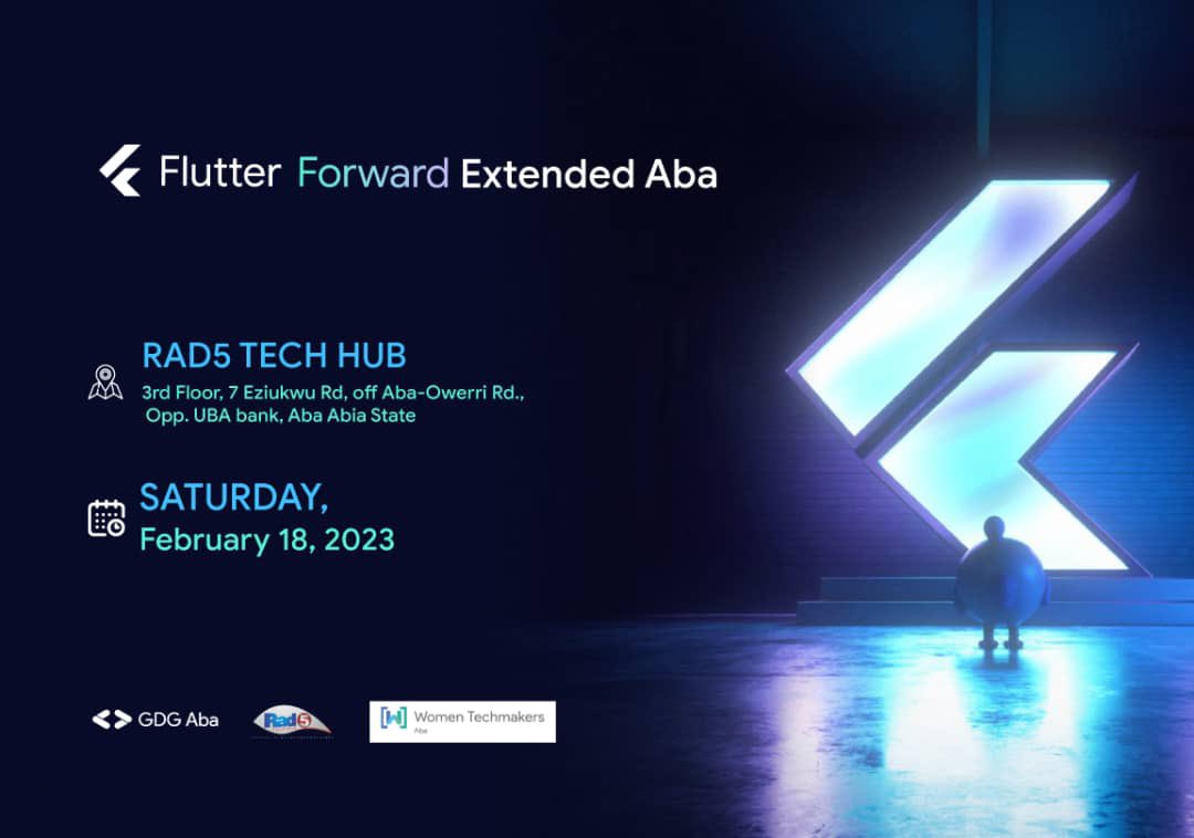 gdg_aba's tweet photo. Flutter forward extended Aba is in few days, have you added it to your calendar?

This is an event that is focused on educating you on flutter, you sure don’t want to miss it.

RSVP: https://t.co/S3T46byHqv

Date: Saturday, February 18, 2023
Time: 11am
Venue: Rad5 Tech Hub https://t.co/NyFFosUOlq