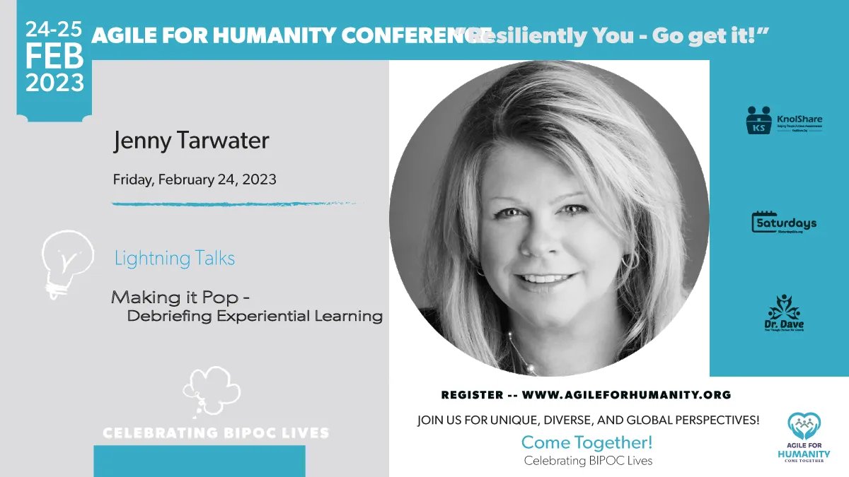 Jenny Tarwater, Agile Enthusiast presenting Making it Pop - Debriefing Experiential Learning at the Agile for Humanity 2023 conference. Register Now: knolshare.co/AFH2023-Conf. #AgileforHumanity