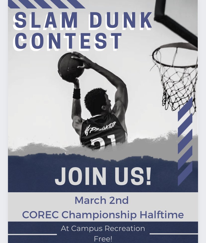 SFAIntramurals's tweet image. Amazing basketball is a year-round pursuit, and so are we.…🏀Come out to the intramural Slam Dunk Contest !!!
March 2nd CoRec Championship Halftime Be there !!!!🏀