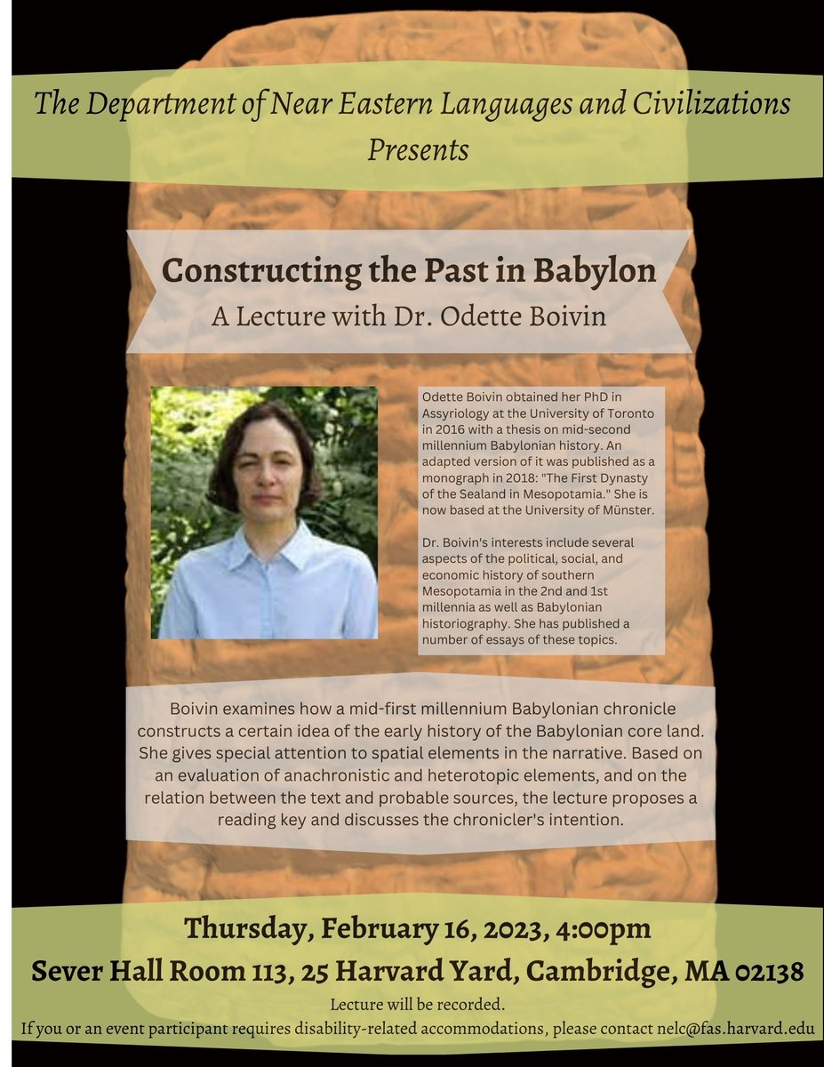 <a href="/HarvardNELC/">Harvard NELC</a> welcome you to an upcoming public lecture with Dr. Odette Boivin, Postdoctoral Researcher, University of Münster.

“Constructing the Past in Babylon”

2/16 at 4:00pm
Harvard Yard, Sever Hall, Room 113