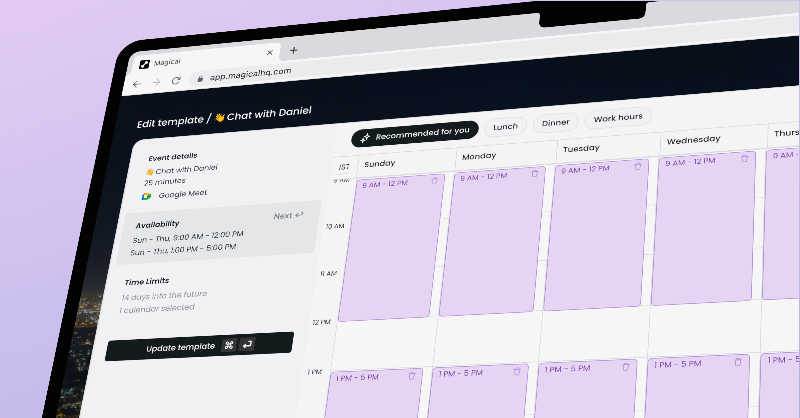 timeOSai's tweet photo. Magical's new ⚡️AI Meeting Builder is your time copilot!

Automate your meetings and notes.

Transform your scheduling with time templates. 

Conveniently manage your calendar in browser tabs.

Schedule Smarter. Meet Better. Work Faster.