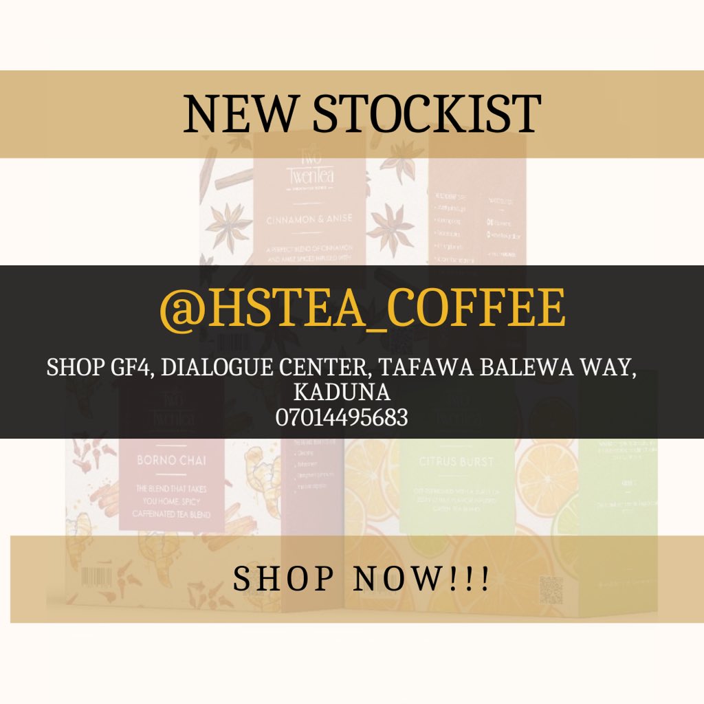TwoTwenTea's tweet photo. HELLO KADUNA!!!

We’ve landed at an amazing spot.
You can now easily walk in and purchase our blends from HStea &amp; Coffee shop at Dialogue center Tafawa Balewa Way, Kaduna.

Please overwhelm us with your orders!!!
No more interstate delivery hassle ✨. https://t.co/0bgcQeqVYt
