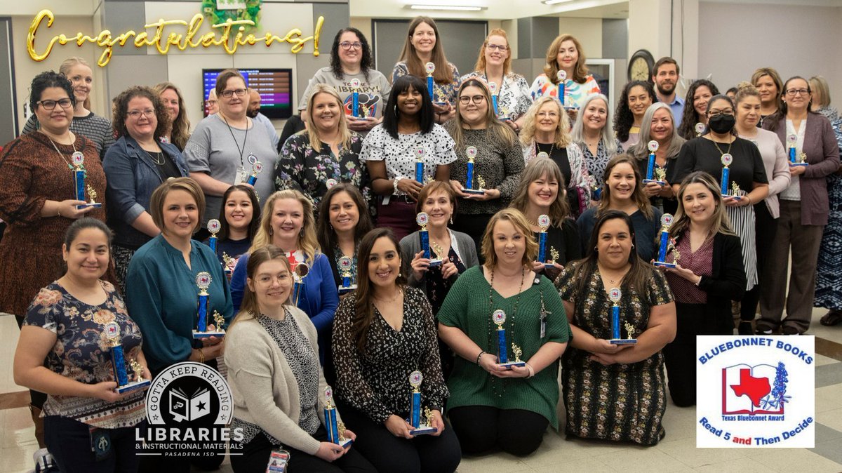 PISD_LandIM's tweet photo. Congratulations to our Librarians who had 70% and up participation in the Texas Bluebonnet Program at their campus! The Texas Bluebonnet program is a unique program that encourages reading for pleasure for students in grades 3 - 6.
#pisdREADS @PasadenaISD_TX https://t.co/od6cPcH9lX