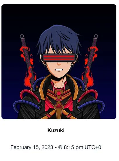 Kuzuki drop is in 30 minutes👇

Date: February 15 2023
Time: 8:15pm

Twitter: <a href="/KuzukiCNFT/">Kuzuki</a>   

Visit us at buff.ly/31WFEBG for upcoming drops

#CNFT #CNFTCommunity  #CNFTdrop #NFT #NFTCommunity #NFTProject #nftart #NFTartists