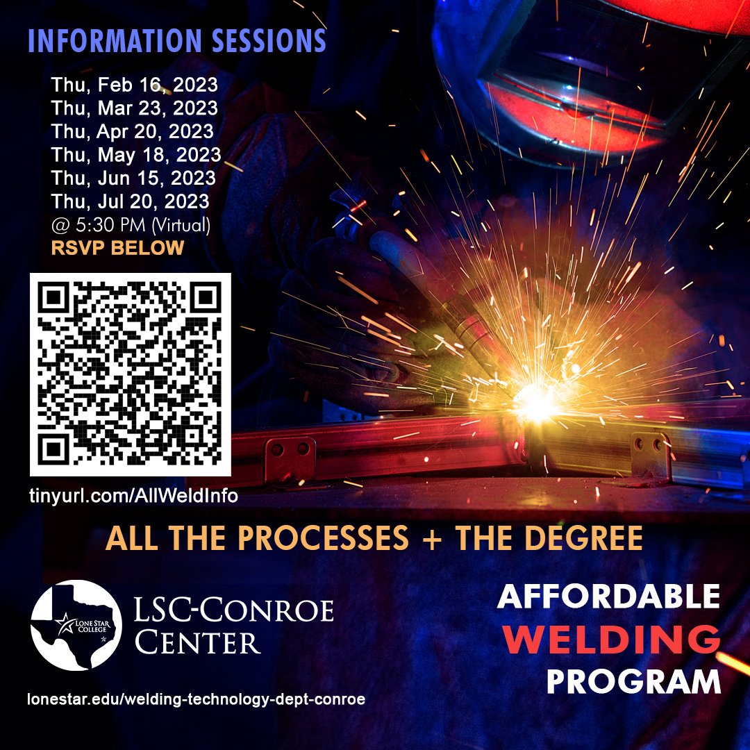lscconroecenter's tweet photo. All the Processes + the Degree!
Learn to be a great Pro Welder at  LSC-Conroe Center. Free  Info Sessions!
✅ Thu, Feb 16, 2023
✅ Thu, Mar 23, 2023
Register! https://t.co/izMOOq5RSx 
#weldingschool #weldingtraining #learnwelding #welding #weldernation #migwelding  #tigwelding https://t.co/TmQDNIz7Rl