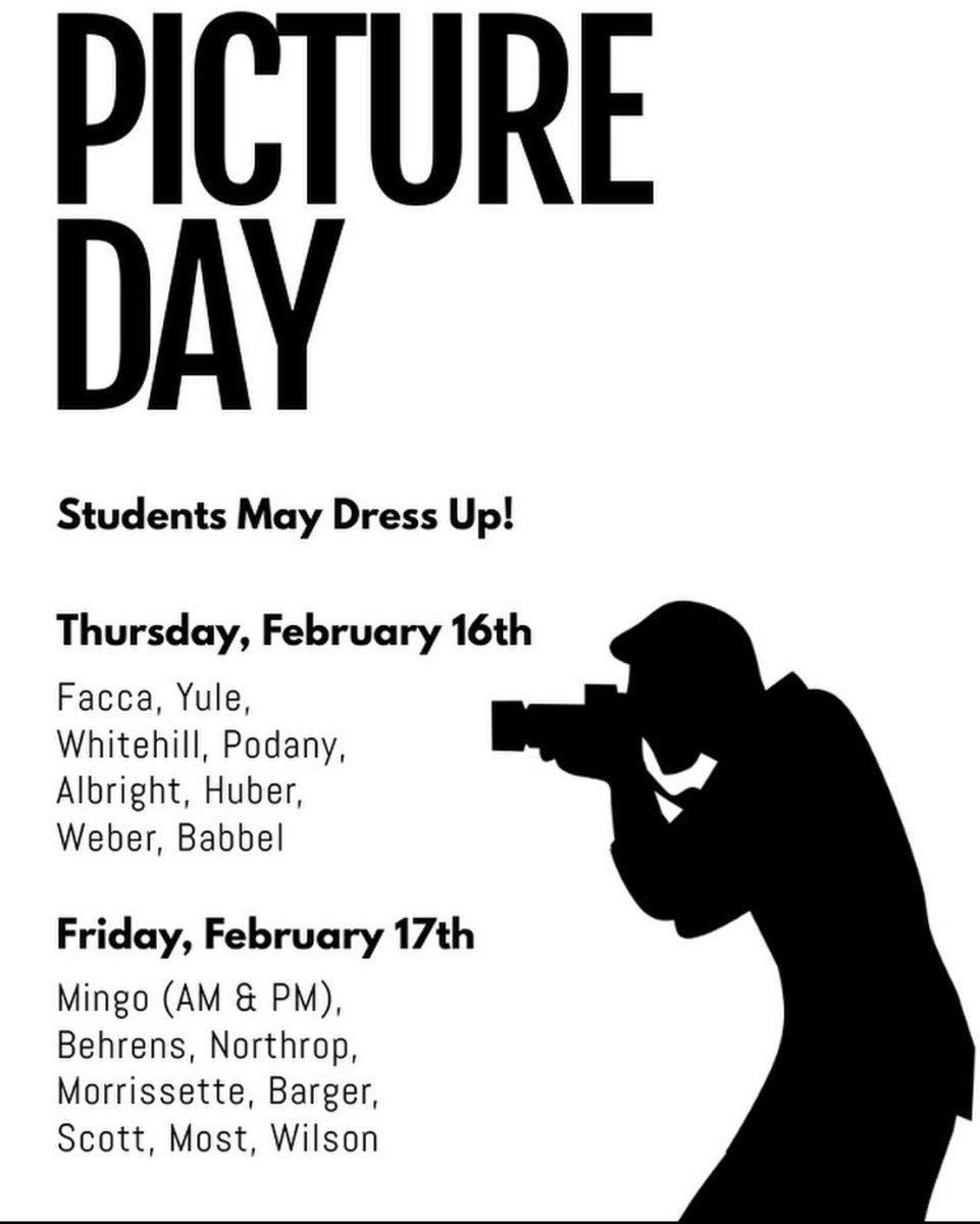 LegacySchoolNE's tweet photo. School pictures start tomorrow! Students may dress up on the day of their pictures. 

Thursday, February 16th: Facca, Yule, Whitehill, Podany, Albright, Huber, Weber, Babbel

Friday, February 17th: Mingo (AM&amp;PM), Behrens, Northrop, Morrissette, Barger, Scott, Most, Wilson https://t.co/eaSfYlUAHA