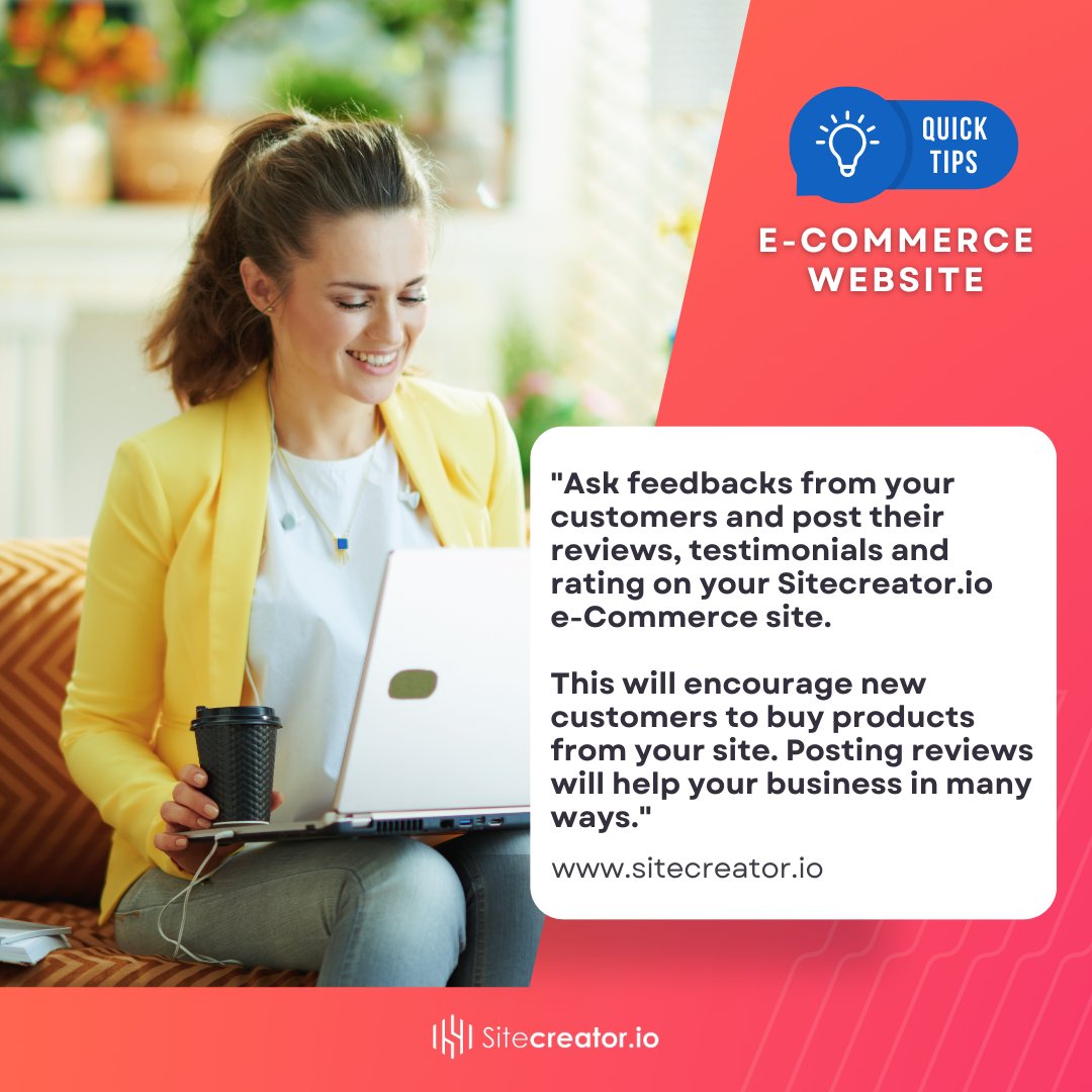 Sitecreator_io's tweet photo. Quick Tips by https://t.co/6DVC0YvNuv💡
No matter the products you are selling, posting online reviews will help your business in many ways! A new customer will have the assurance that your services are reliable.
Create your e-commerce #website now!
#webdesign #branding #startup https://t.co/f5DCpyqfoF