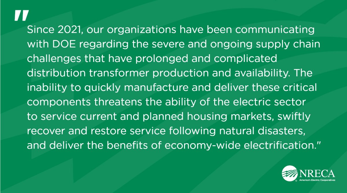 Today, NRECA, along with <a href="/publicpowerorg/">Public Power</a>, <a href="/NEMAupdates/">NEMA</a>, <a href="/Edison_Electric/">EEI</a>, <a href="/LB_of_A/">Leading Builders of America</a>, <a href="/NAHBhome/">NAHB 🏠</a> and @gridwisedc sent a letter to <a href="/ENERGY/">U.S. Department of Energy</a> urging them to reconsider its intention to increase energy conservation standards for distribution transformers, as signaled in its recent NOPR.