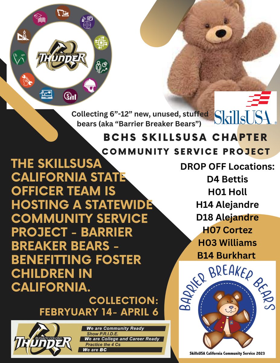 BCHS Chapter SkillsUSA Community Service Project- Barrier Breaking Bears- we will be collecting new unused teddy bears 6-12" to donate to foster children in California. Collection February 14-April 6. Please campaign and help support our project. #bchsed #bchspride #muhsd