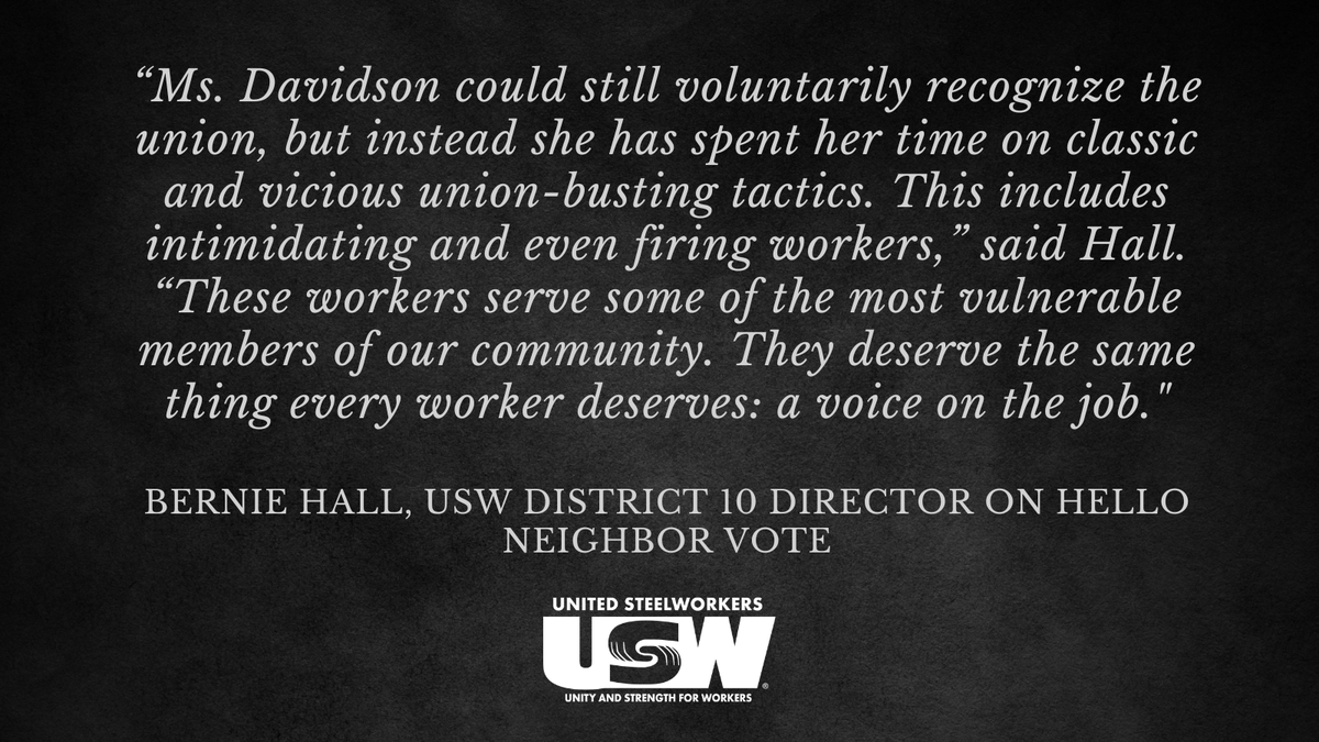 steelworkers's tweet photo. Today's #HelloNeighbor vote results remain inconclusive as their CEO continues to interfere with workers’ right to a free and fair union election. Workers filed  with the @NLRB after their request for voluntary recognition was refused. More: https://t.co/nV5G6phLWe #1u https://t.co/onLX7f1tpm